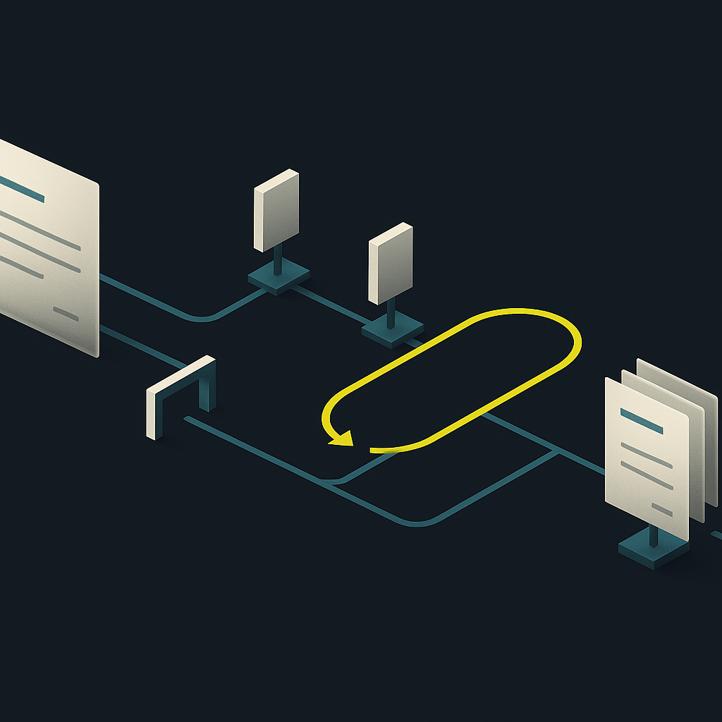 Invoice moving through approval gates, parallel reviews, and an exception loop before a separate payment gate