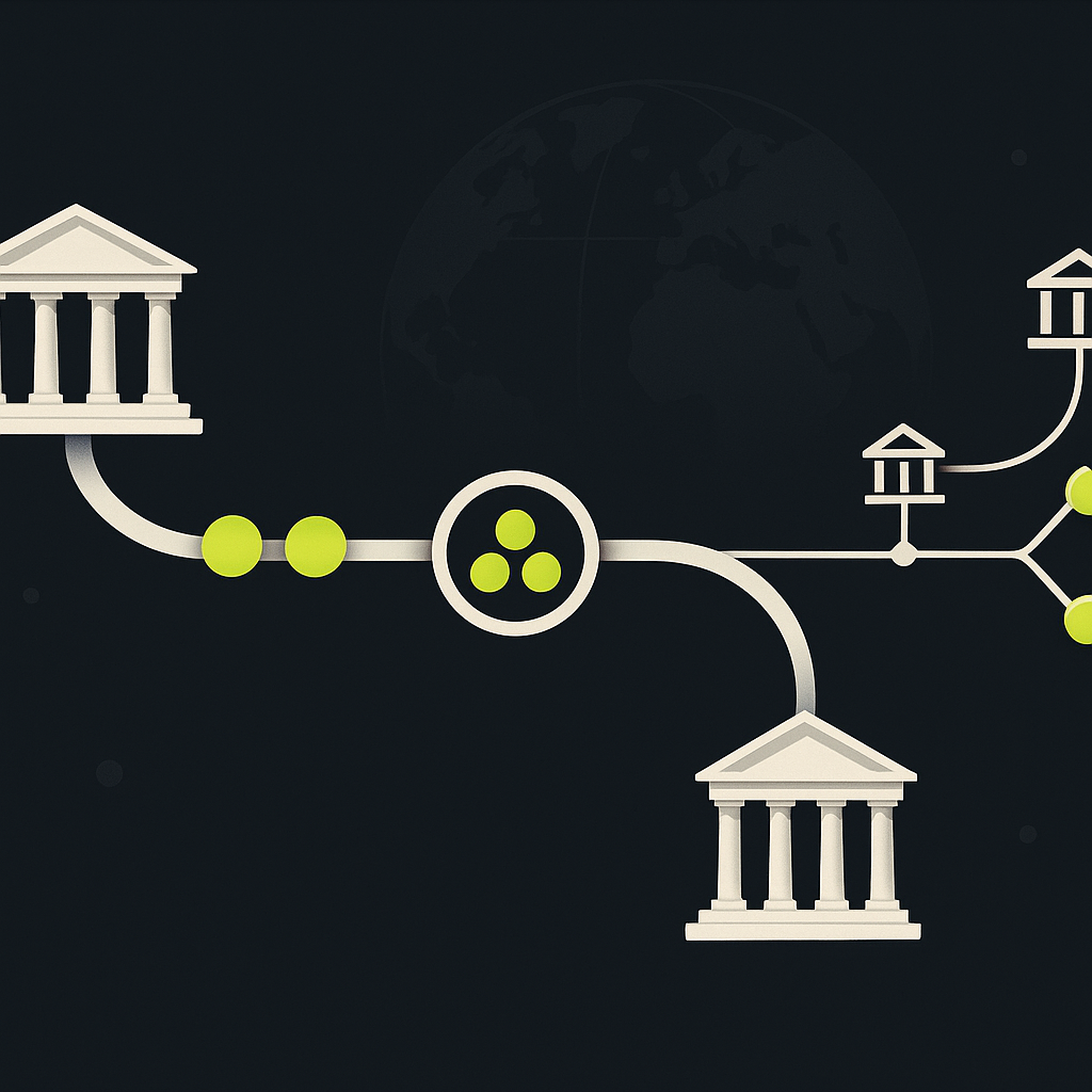 Two distinct bank payment paths showing grouped ACH processing and individual wire transfers between banking nodes.