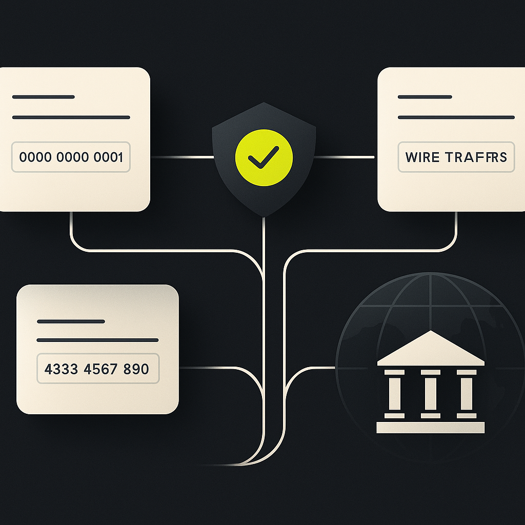 Separate ACH and wire instruction paths pass through verification checks before reaching a recipient bank.