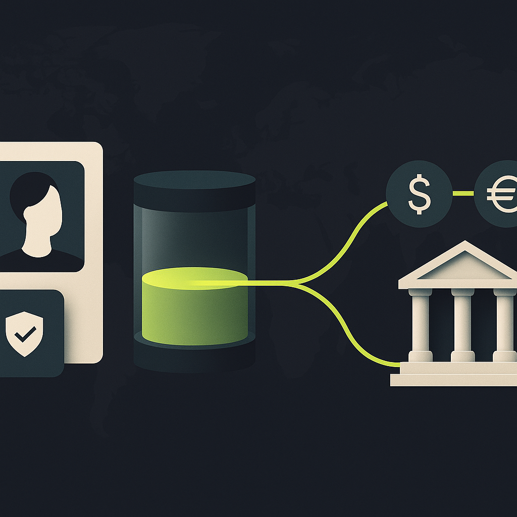 Illustration of a creator account linked through verification, an earnings hold, and currency conversion to a bank.