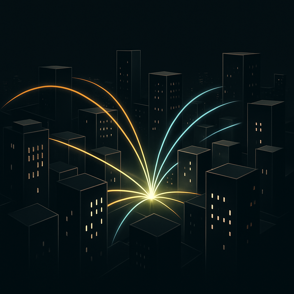 Luminous streams of light flowing between financial district skyscrapers at night, representing real-time money movement and