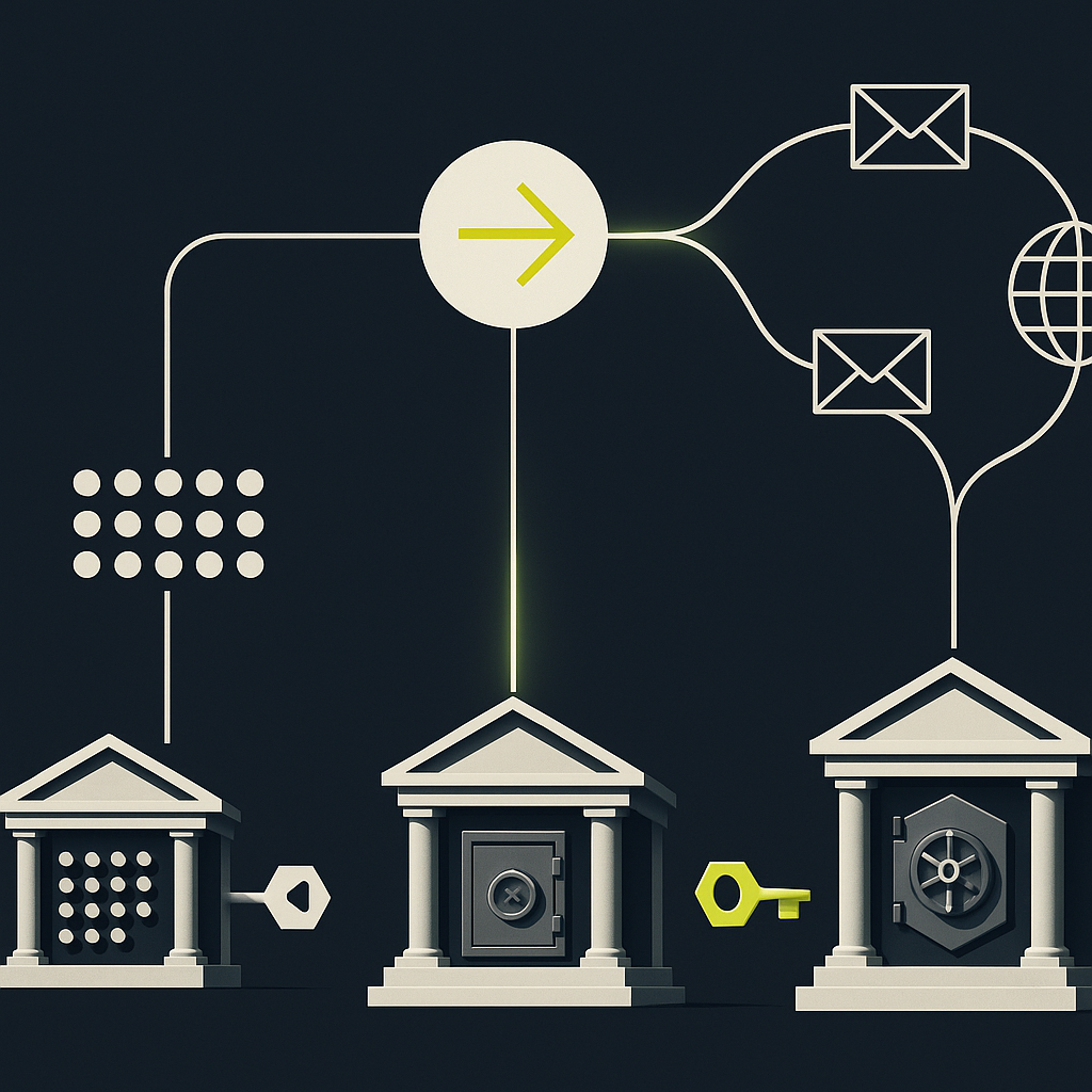 Three payment pathways connect to compatible receiving accounts, illustrating ACH, domestic wires and SWIFT messaging.