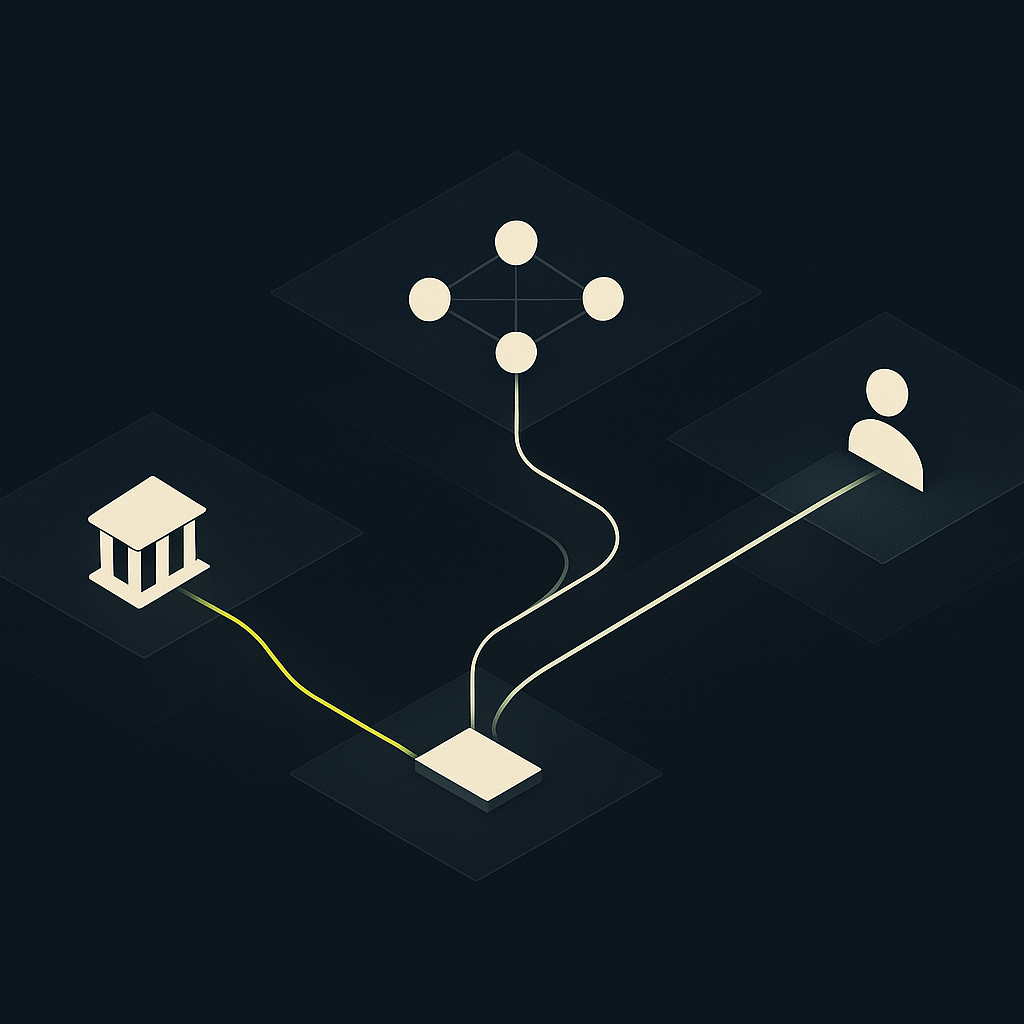 Illustration of funds and confirmation evidence moving through payment institutions into a reconciled recipient account.