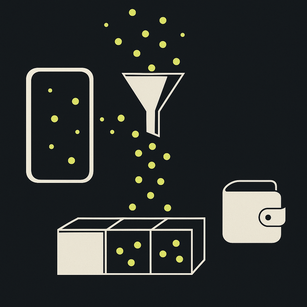 Illustration of video activity passing through eligibility checks into a rewards ledger and creator payment wallet.