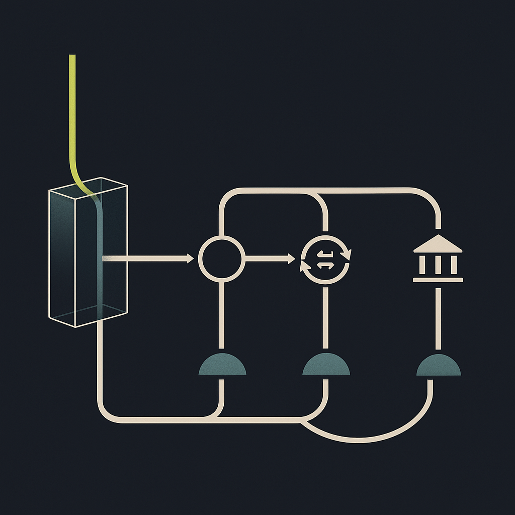 A payment stream splits through a central ledger into seller payouts, with reserve gates and a separate refund path.