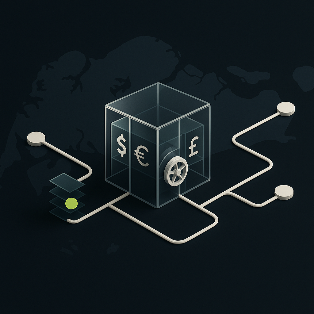 Multi-currency banking compartments connected to global supplier payment routes and layered fee checkpoints