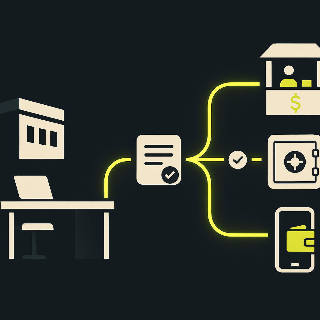 Illustration of cross-border payments reaching cash pickup, bank accounts, and wallets through verification checkpoints.