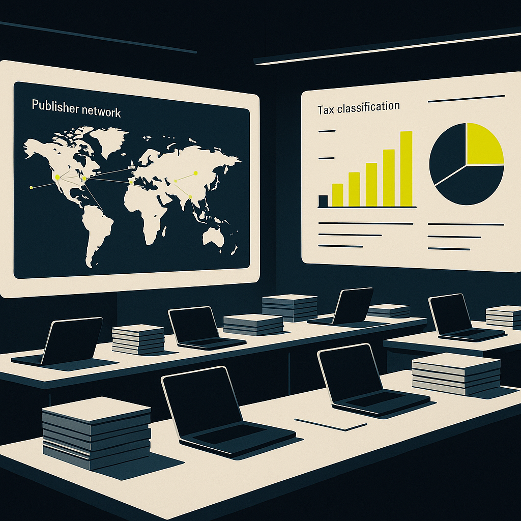 Finance operations team managing global publisher tax documentation across multiple screens in a modern office