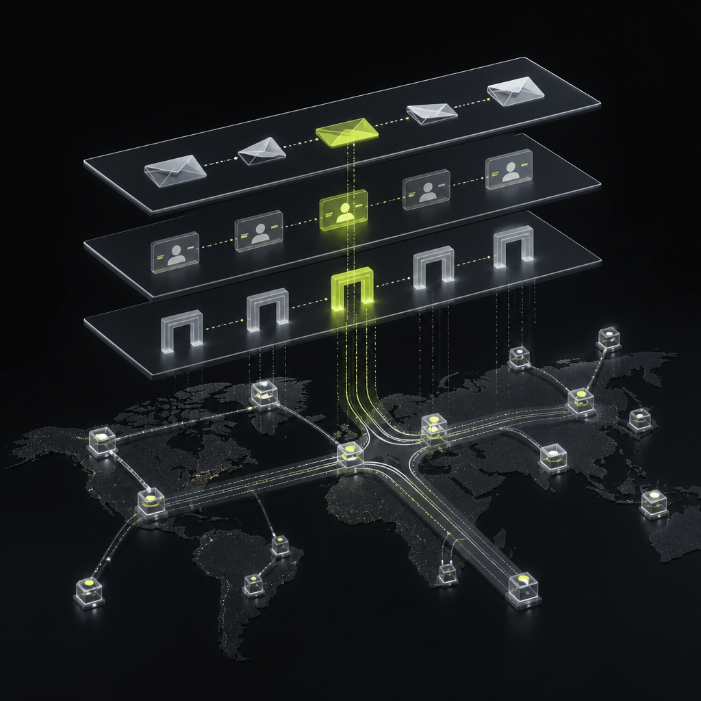 Layered payment standards connecting global financial nodes through shared data channels and local validation gates