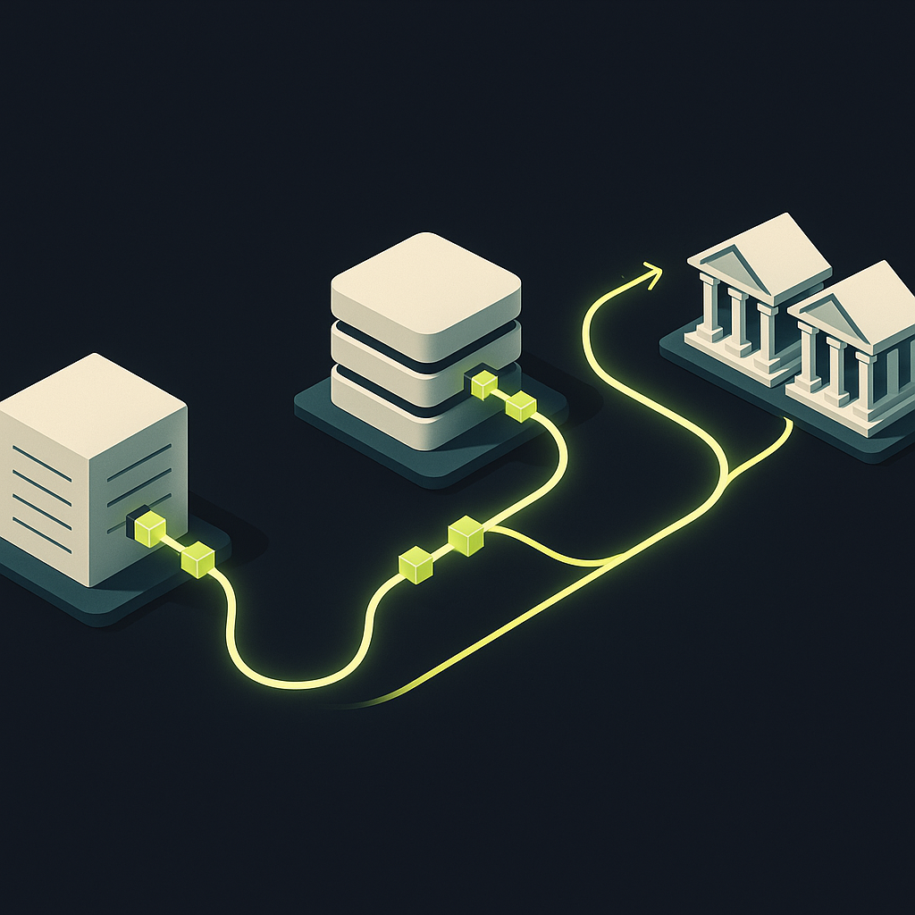 Payment data flowing between an enterprise ledger, payout platform, and banks, with confirmation signals returning.