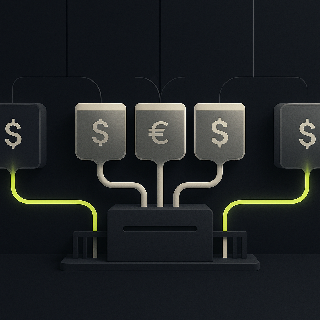 Separate currency reservoirs connect incoming collections to supplier payments through controlled treasury channels.