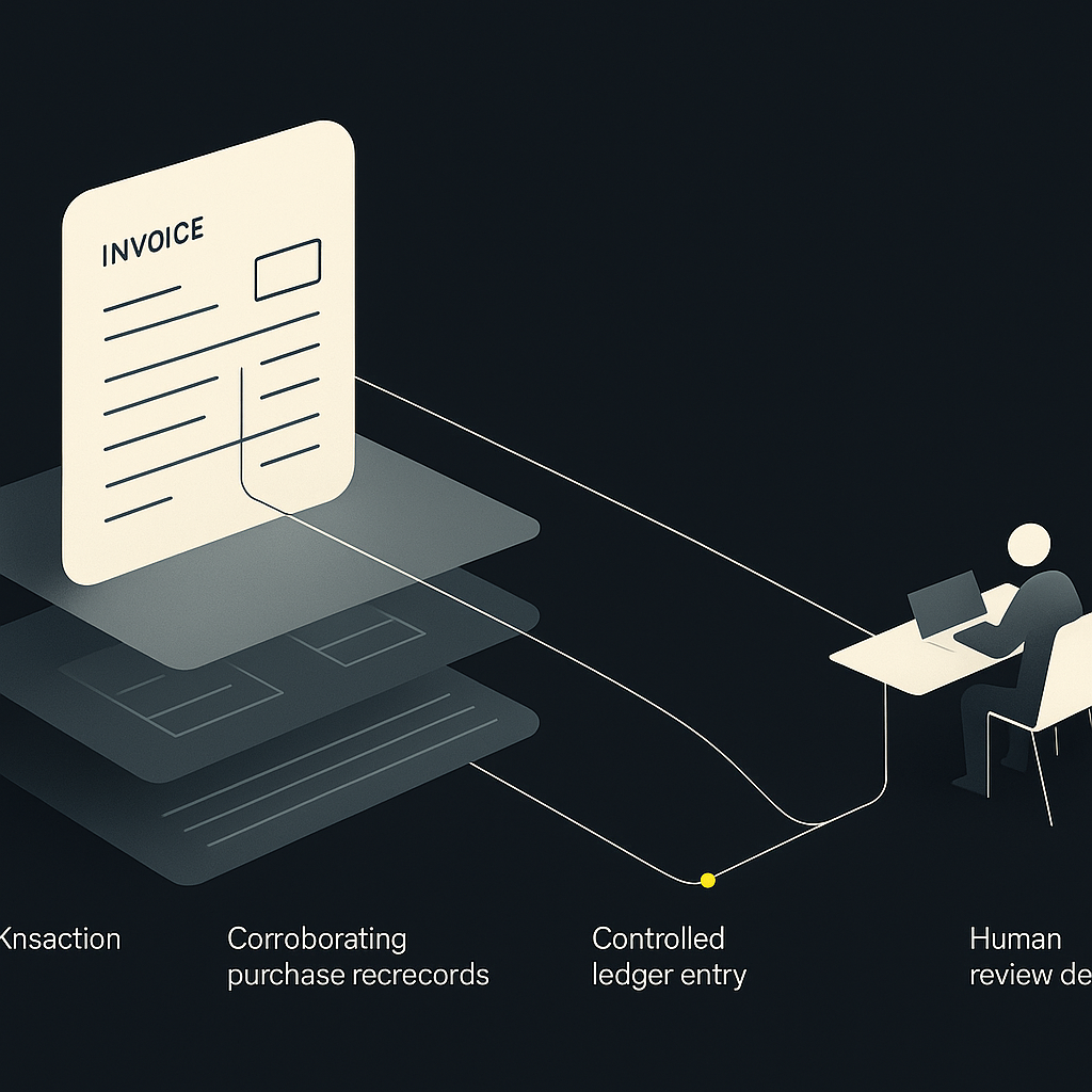 Invoice fields linked to supporting records, with an unresolved item routed to human review before ledger entry.