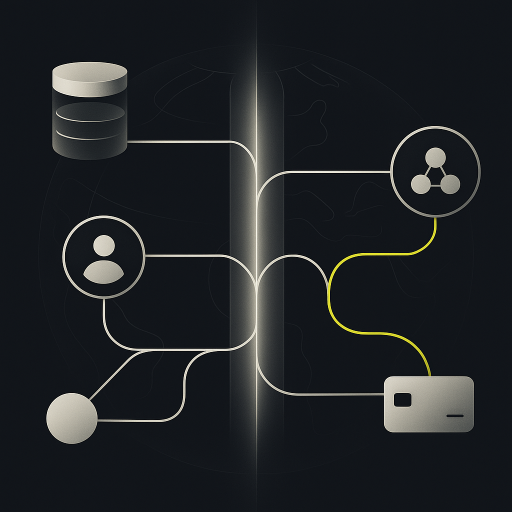 A central ledger connects global funding, recipient data, payment routes, and an exception loop through one control layer.