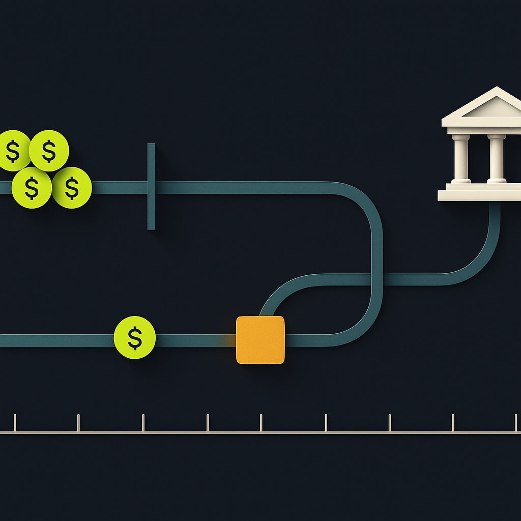 Parallel ACH and wire payment paths with cutoff gates and a controlled alternate route for a delayed payment.