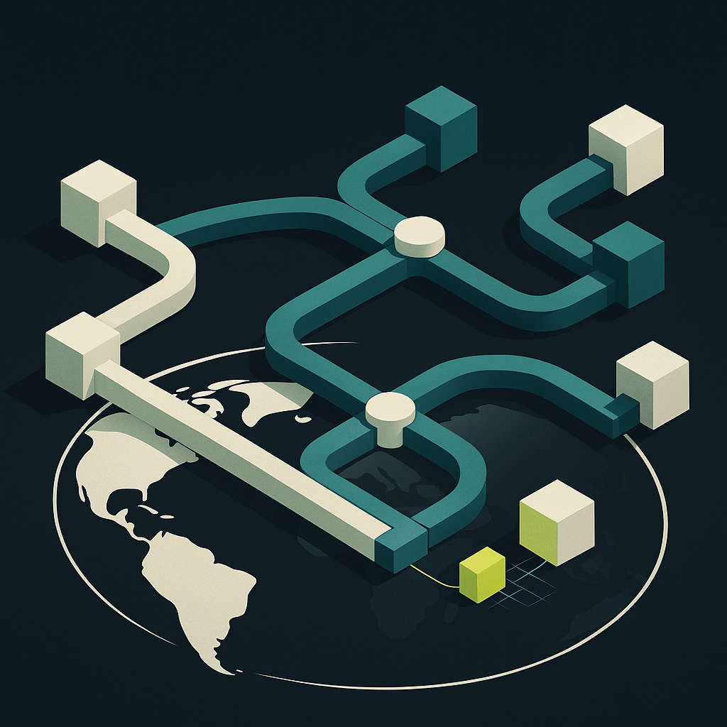 Interlocking infrastructure blocks connect global payment routes, showing dependencies between data, liquidity, and settlemen