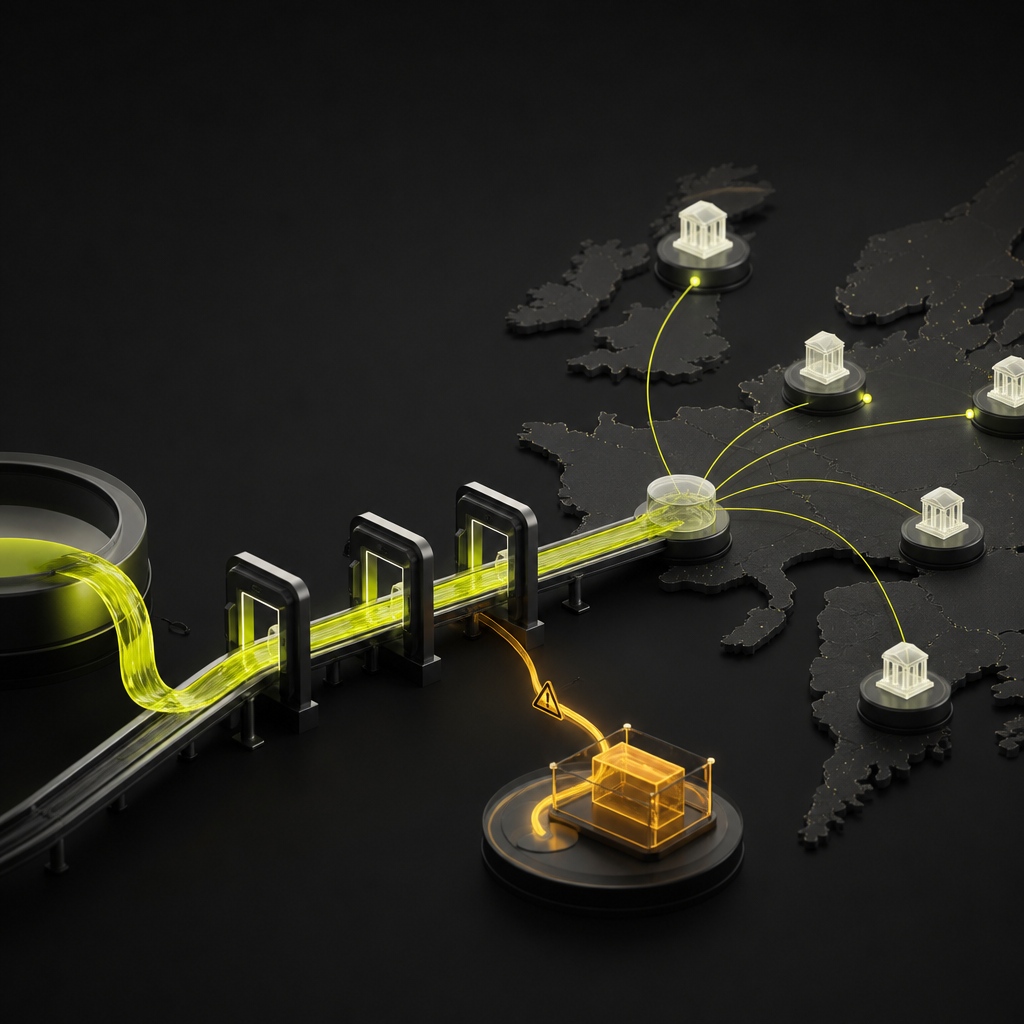 Euro payments moving through verification gates toward recipient accounts, with a separate path for exceptions.