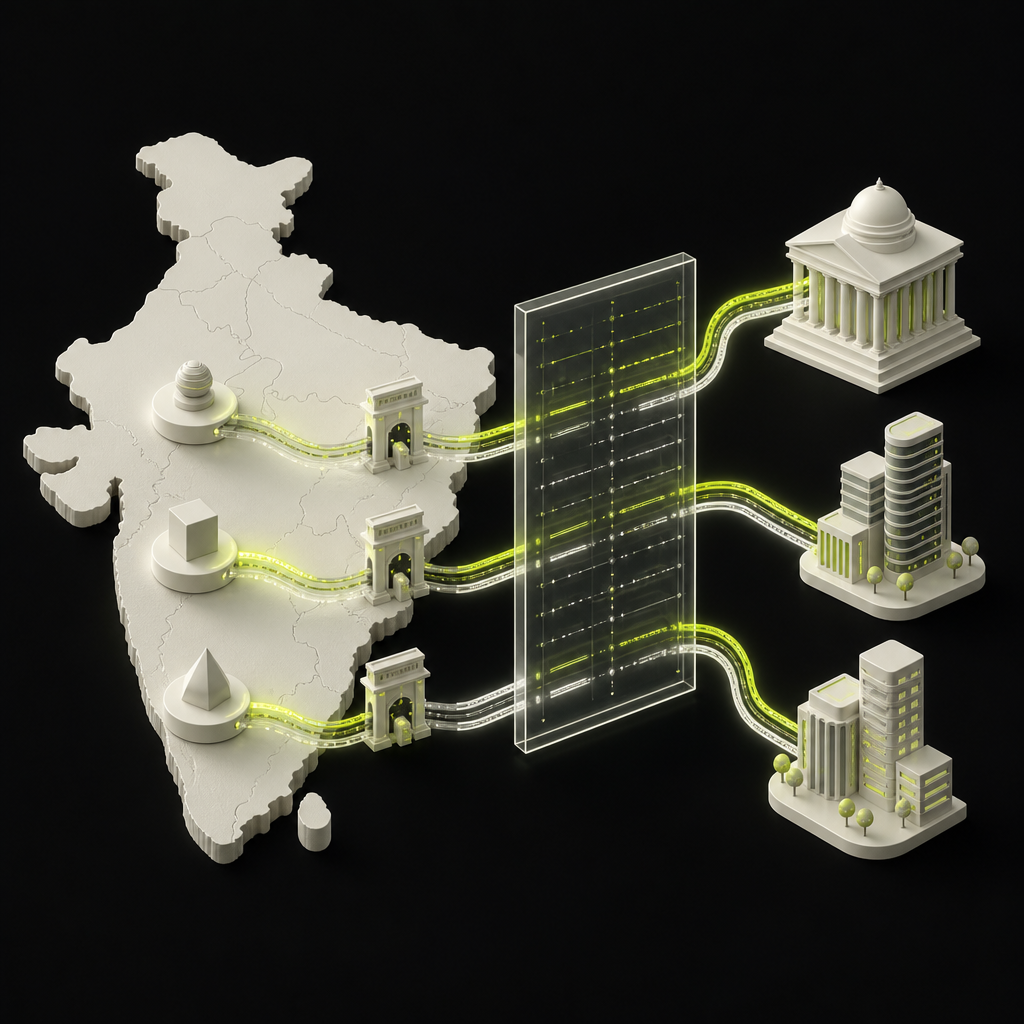 Separate payment pathways through regulatory checkpoints on a stylized map of India.