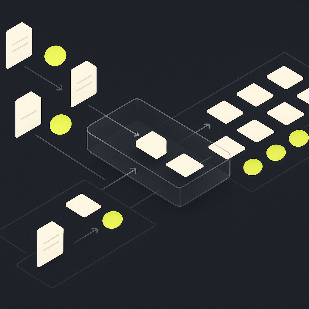 Invoice and payment tiles aligning in a unified ledger, with unmatched items routed to a separate review queue.