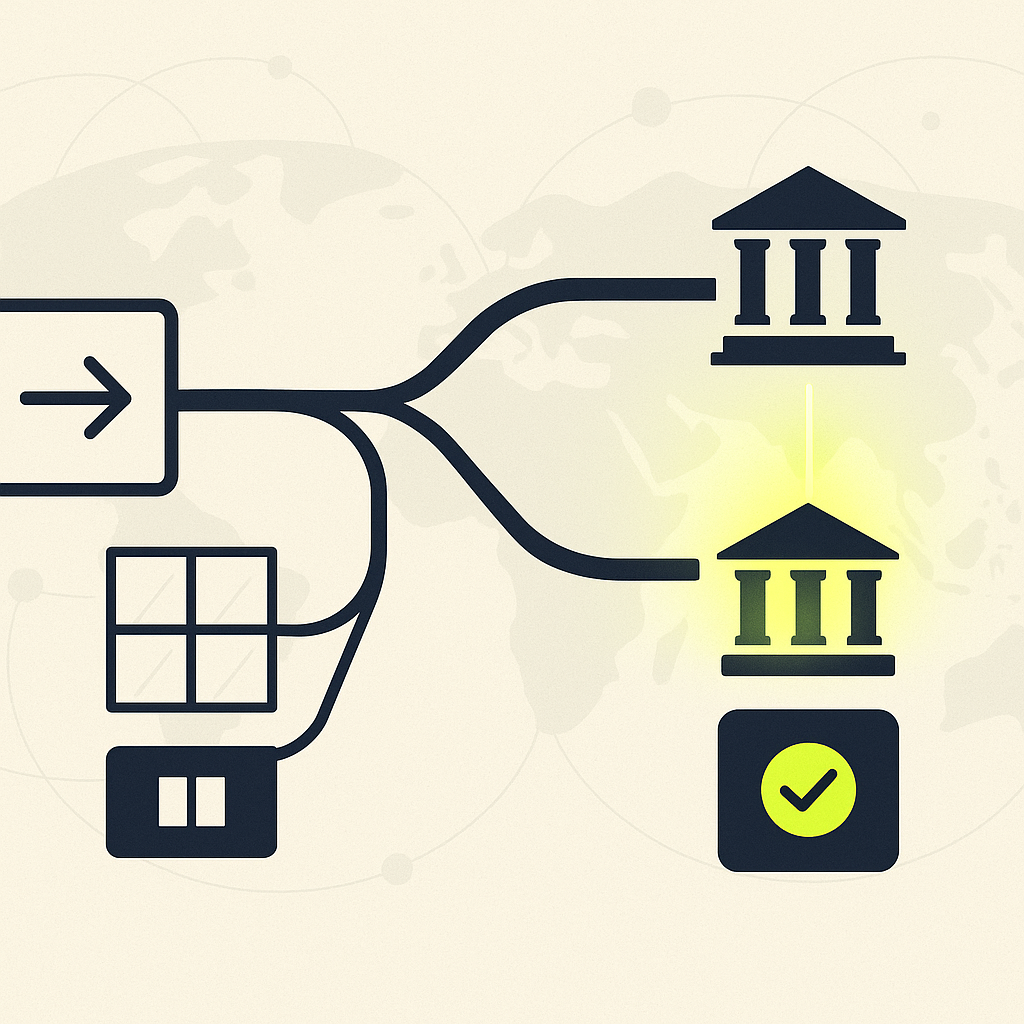 Two distinct bank-transfer paths showing scheduled ACH processing and a wire connection with beneficiary verification.