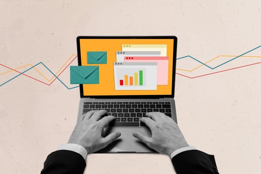 Creativecompositeabstractphotocollageofhandstypingmessageson